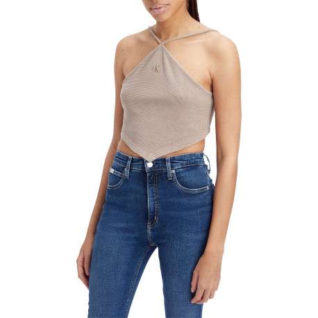 Top à fines bretelles en coton beige uni plus long à l'avant