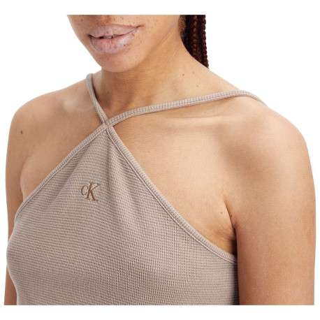 Top à fines bretelles en coton beige uni plus long à l'avant - Image 2