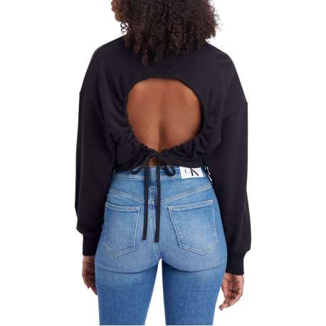 Sweat Crop Top en coton noir uni avec dos nu fermé par un lien - Image 3