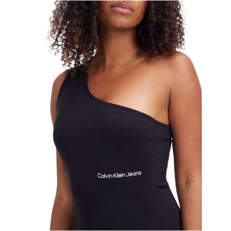 Robe courte moulante noire unie avec un col asymétrique à une seule bretelle - Image 6