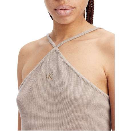 Robe courte à fines bretelles en coton beige unie avec un col ras du cou croisé - Image 2