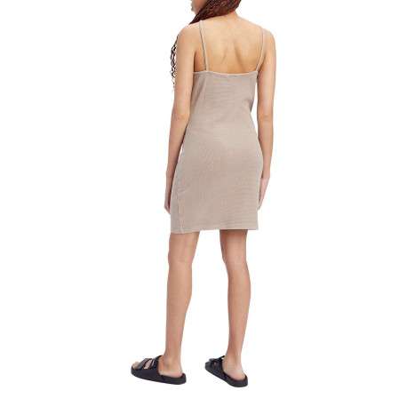 Robe courte à fines bretelles en coton beige unie avec un col ras du cou croisé - Image 3