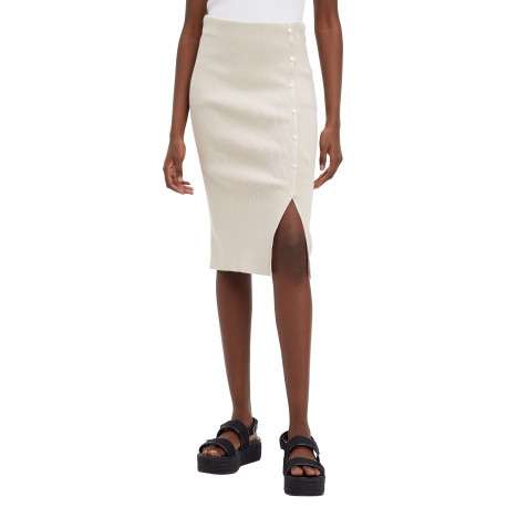 Jupe crayon en coton mélangé beige unie fendue sur le côté gauche