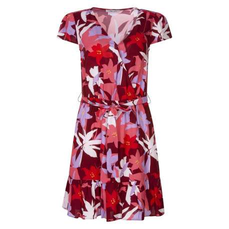 Robe courte multicolore fleurie avec une coupe droite et un col cache-coeur