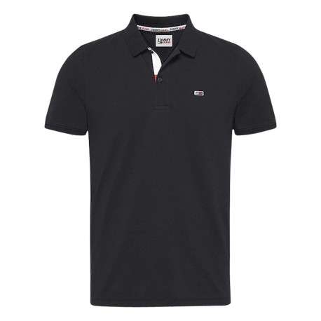 Polo en coton noir avec une fermeture boutonnée et logo iconique