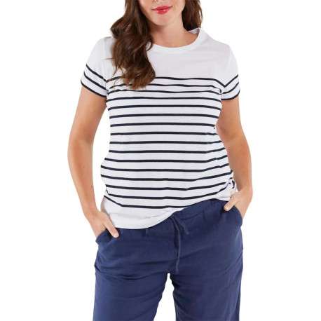 T-shirt en coton blanc coupe droite avec un col rond et rayures fines imprimées