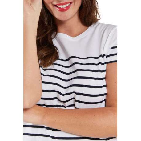 T-shirt en coton blanc coupe droite avec un col rond et rayures fines imprimées - Image 3