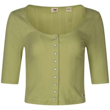 T-shirt ajusté en maille piquée de coton vert à col rond et boutons pression