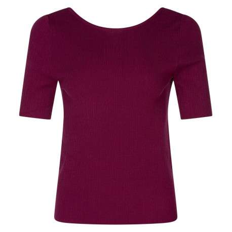 T-shirt framboise côtelé avec une coupe près du corps col rond et manche 3/4 - Image 2