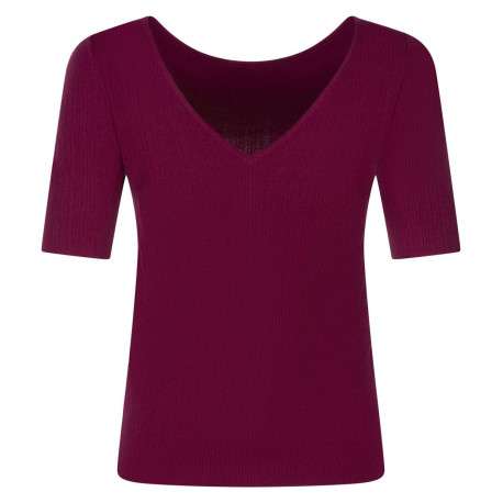 T-shirt framboise côtelé avec une coupe près du corps col rond et manche 3/4