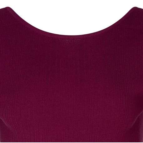 T-shirt framboise côtelé avec une coupe près du corps col rond et manche 3/4 - Image 3