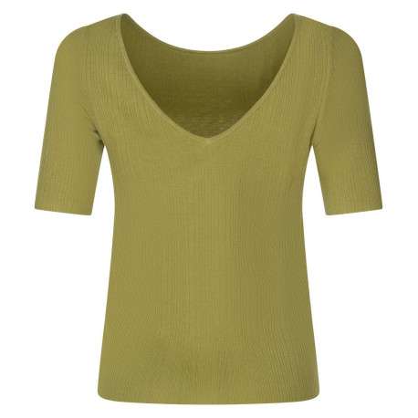 T-shirt tilleul côtelé avec une coupe près du corps col rond et manche 3/4 - Image 2