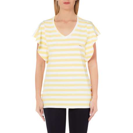 T-shirt jaune rayé coupe droite avec un col v et des manches courtes