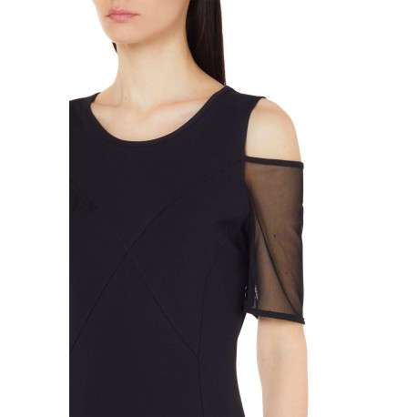 Robe courte en coton noire unie avec une coupe droite et un col rond - Image 3