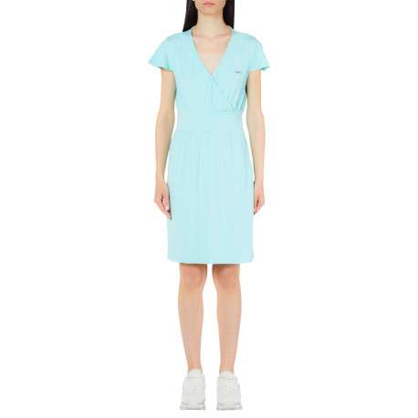 Robe courte vert d'eau unie coupe droite avec un col v et des manches courtes
