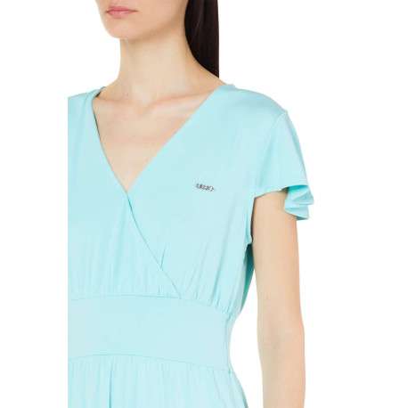 Robe courte vert d'eau unie coupe droite avec un col v et des manches courtes - Image 3