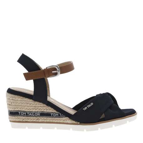Nu-pieds en textile bleu marine à semelle cordée compensée et boucle à ardillon - Image 2