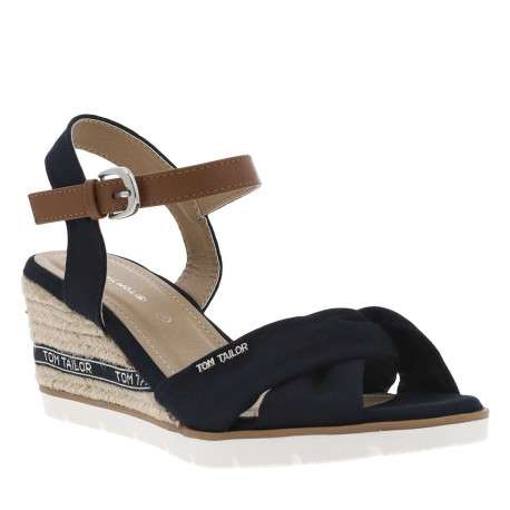 Nu-pieds en textile bleu marine à semelle cordée compensée et boucle à ardillon