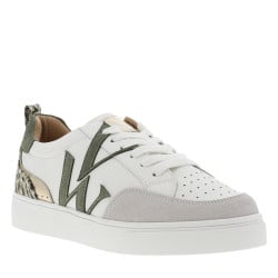 Baskets basses simili cuir uni à détails kaki et lacets plats blancs