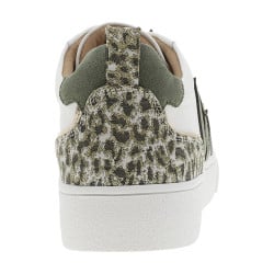 Baskets basses simili cuir uni à détails kaki et lacets plats blancs