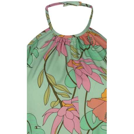 Robe courte sans manches vert d'eau fleurie à coupe ajustée et col rond - Image 3