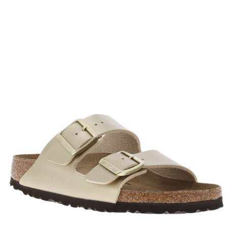 Mules Arizona dorées à semelle compensée, boucles à ardillon et première cuir