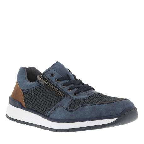 Baskets basses en cuir marineavec lacets plats et zip sur le côté extérieur
