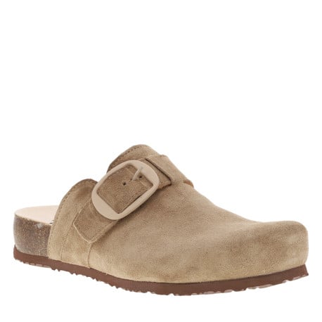 Mules fermées en cuir suède beige à bande auto-agrippante et boucle à ardillon