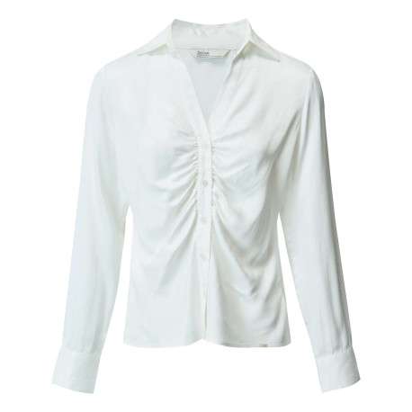 Chemisier blanc uni satin froncé au niveau de la patte de boutonnage