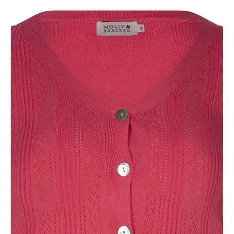 Cardigan boutonné framboise en maille ajourée à coupe cropped et col v - Image 3
