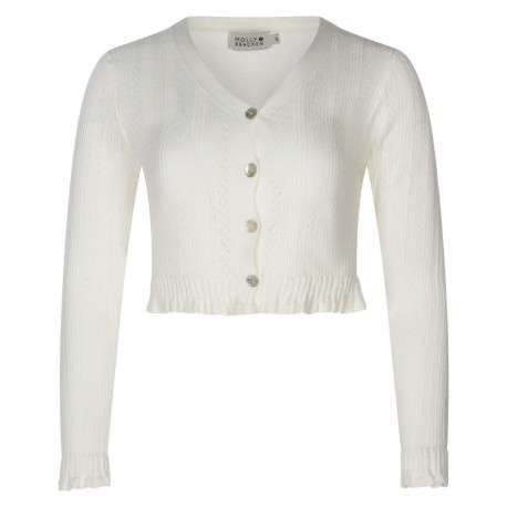 Cardigan boutonné écru en maille ajourée à coupe cropped et col v