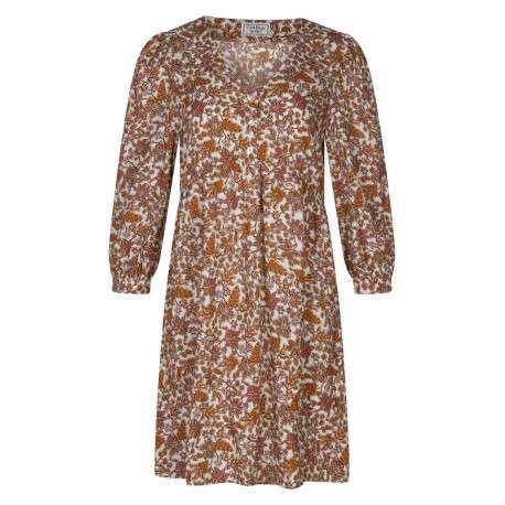 Robe courte Damae écrue fleurie à coupe ajustée col v et à manches longues