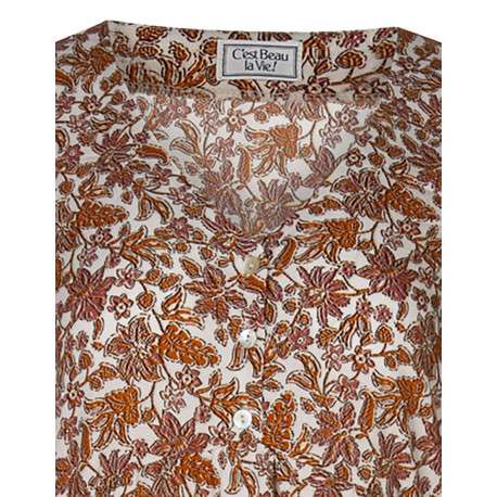 Robe courte Damae écrue fleurie à coupe ajustée col v et à manches longues - Image 3