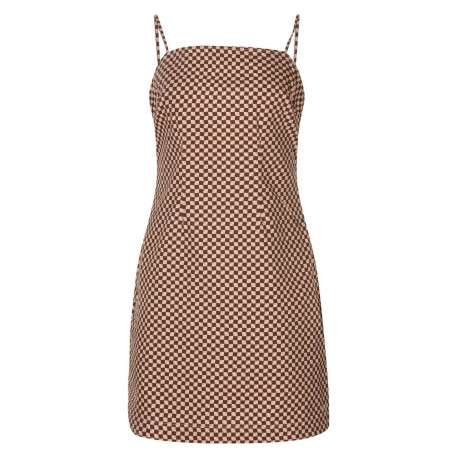 Robe courte rouge carreaux coupe ajustée col rond et à manches à bretelles - Image 3