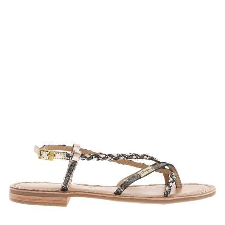 Nu-pieds en cuir doré et noir à boucle à ardillon et talon décroché bas - Image 2
