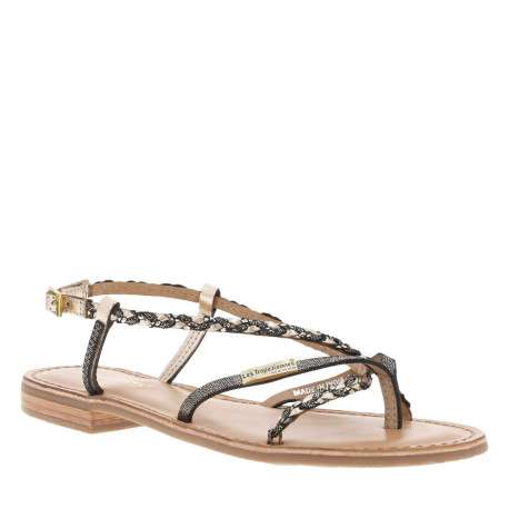 Nu-pieds en cuir doré et noir à boucle à ardillon et talon décroché bas