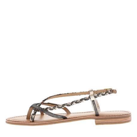 Nu-pieds en cuir doré et noir à boucle à ardillon et talon décroché bas - Image 3