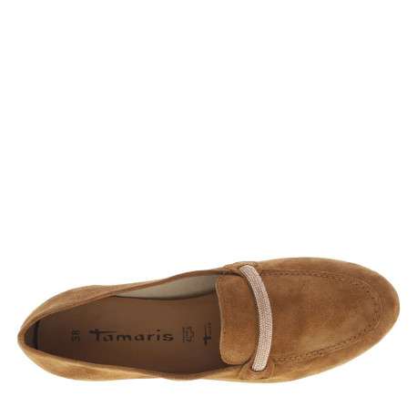 Mocassins en cuir cognac avec un talon plat et des strass sur le cou-de-pied - Image 5