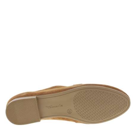Mocassins en cuir cognac avec un talon plat et des strass sur le cou-de-pied - Image 6