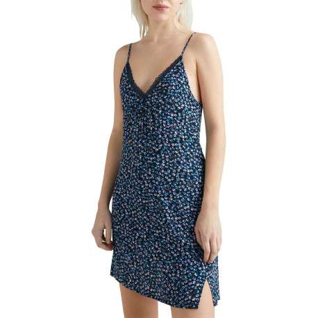 Robe courte à fines bretelles Ditsy marine fleurie à coupe moulante et col v - Image 3