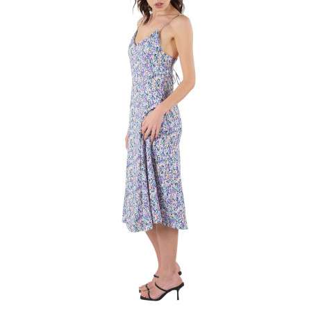 Robe mi-longue à fines bretelles multicolore fleurie à coupe évasée et col v - Image 3