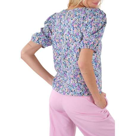T-shirt multicolore fleuri à coupe droite col v et à manches courtes - Image 3