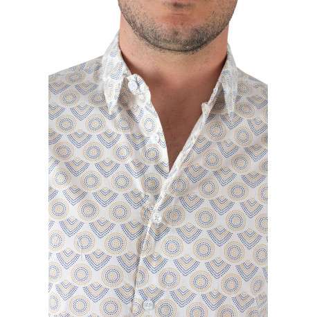 Chemise en coton blanche imprimé éventail à coupe droite et col italien - Image 4