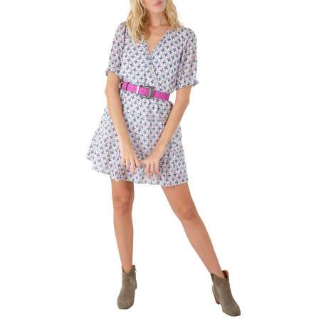 Robe courte blanche motif fleur géométrique à coupe évasée et col cache-coeur