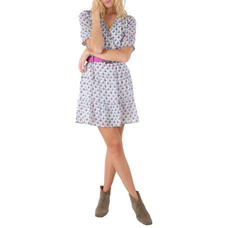 Robe courte blanche motif fleur géométrique à coupe évasée et col cache-coeur - Image 2