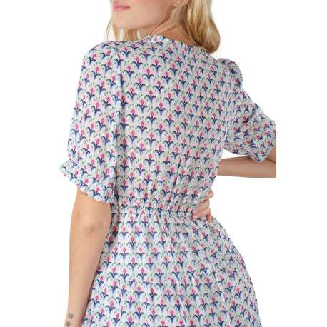 Robe courte blanche motif fleur géométrique à coupe évasée et col cache-coeur - Image 3