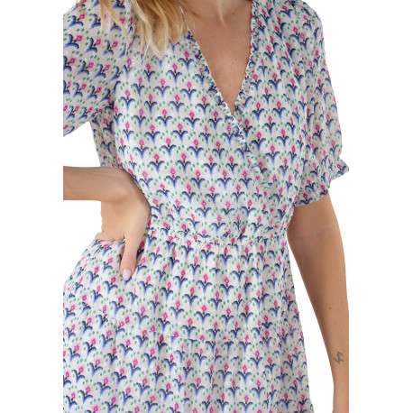 Robe courte blanche motif fleur géométrique à coupe évasée et col cache-coeur - Image 4