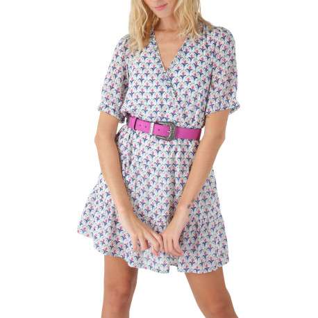 Robe courte blanche motif fleur géométrique à coupe évasée et col cache-coeur - Image 5