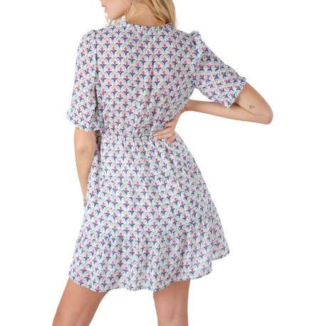 Robe courte blanche motif fleur géométrique à coupe évasée et col cache-coeur - Image 6