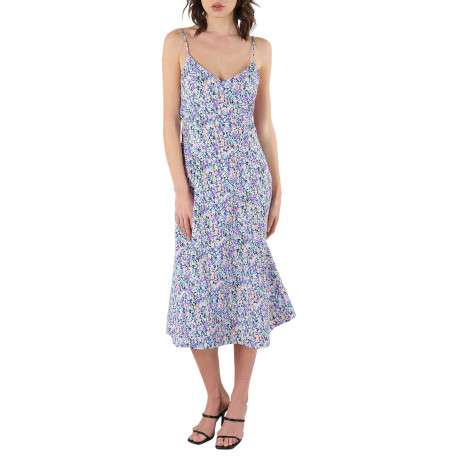 Robe mi-longue à fines bretelles multicolore fleurie à coupe évasée et col v
